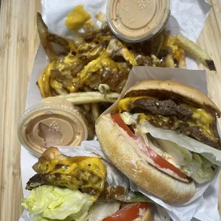 Double Cheeseburgers and Fries (Cagney&apos;s way) with cheese, onion, &amp; fry sauce