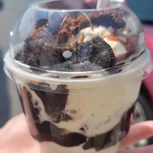 Custard mixer with brownies, Oreos, and hot fudge
