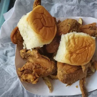 Chicken wing fries and dinner rolls