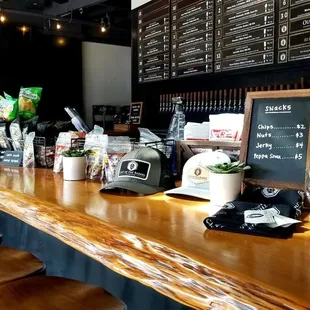 a bar with wooden bar stools
