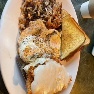 Country fried steak with hash browns