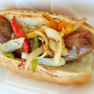 a sausage and peppers sandwich