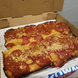 Goomba Detroit style pizza at Old West Kitchen.   Part of The Harbor.