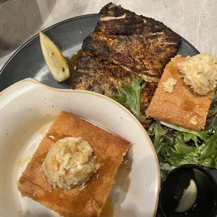 Blackened mahi with cream corn casserole, and cornbread