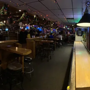 a bowling alley with christmas decorations