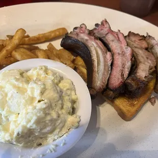 Smoked baby back ribs, fires an potato salad