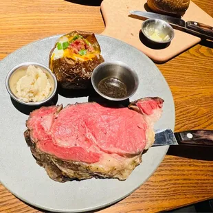 Slow Roasted Prime Rib, Dressed Baked Potato, raw horseradish, au jus