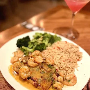 Toowoomba Salmon - grilled salmon with seasoned &amp; sautéed shrimp tossed with mushrooms in a creamy creole sauce.