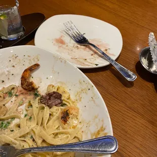 Steak and shrimp pasta
