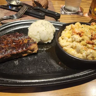 Steak, Lobster Mac and mashed potatoes