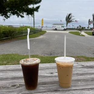 Cold brew with almond milk and coconut latte with almond milk