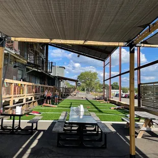 a picnic table and benches
