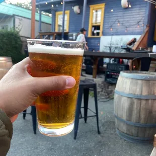 a hand holding a pint of beer