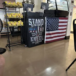 ows an american flag on the counter