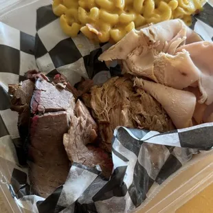 3 meat platter with Mac and cheese