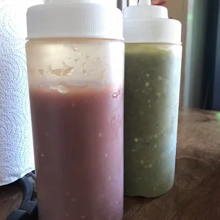 Bottles of salsa are in the cold case. I loved the green salsa, nice and spicy.