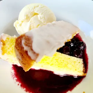 Lemon Pound Cake with blueberry coulis and sour cream ice cream