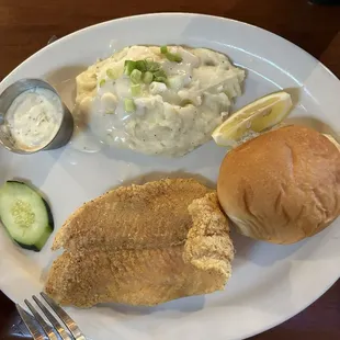 Fried fish lunch special with mashed potato, roll and tartar sauce