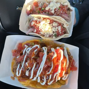 Top: Brisket tacos Bottom: pulled pork nachos