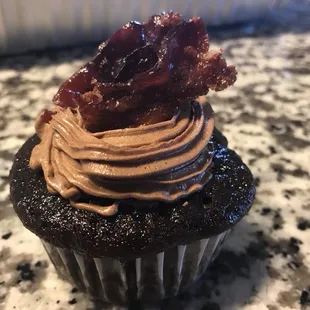 Our double chocolate whiskey, candied bacon cupcakes