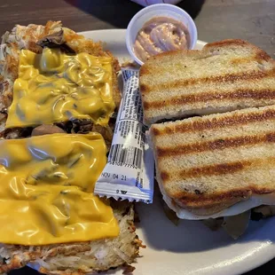 Patty melt with outlaw hash browns.