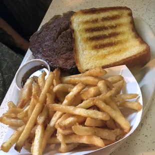 Mesquite smoked Prime Rib, beer battered fries, Texas toast