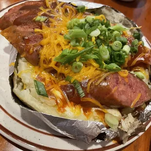 Baked potato with smoked sausage