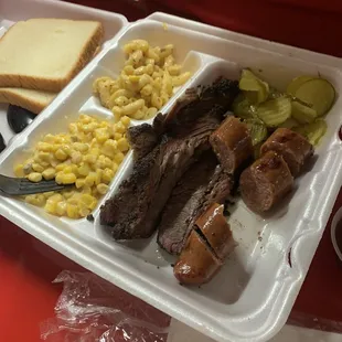 Brisket, jalapeño-cheese sausage, corn, mac&amp;cheese