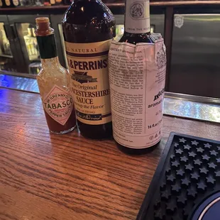 bottles of alcohol on a bar counter
