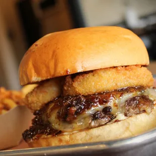 a cheeseburger and fries