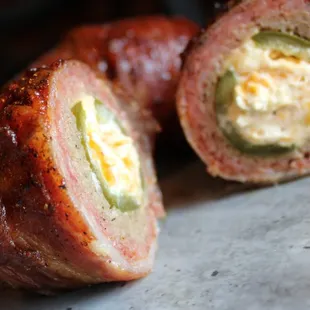 the inside of a meatloaf with cheese and jalapenos