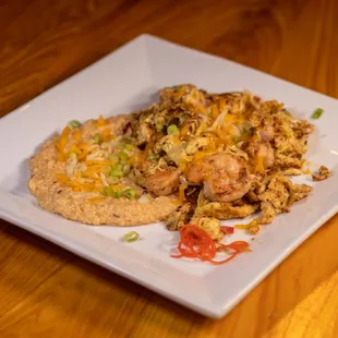 Wisner Scramble - shrimp, red onions, mini bell peppers, cheddar, with spicy cheese grits