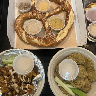 Bavarian Pretzel, Spicy Cauliflower Bites, Pickle Chips