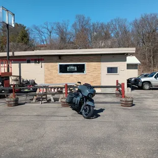 a motorcycle parked in a parking lot