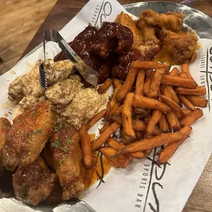 Sweet and spicy, hot chipotle ranch, spicy bbq, hot habanero lemon pepper, and sweet potato fries