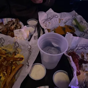 a table of food and drinks