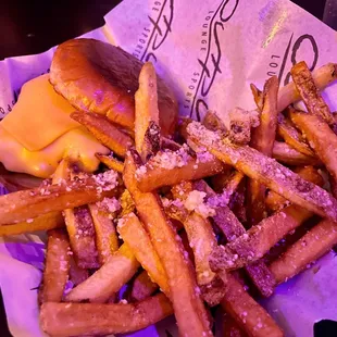 Burger and Garlic Parmesan Fries