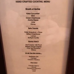 Cocktail menu