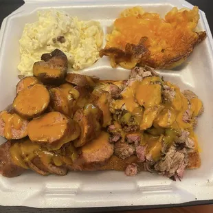 2 Meat Combo Dinner with sausage, pulled pork, Mac and cheese and Potato Salad