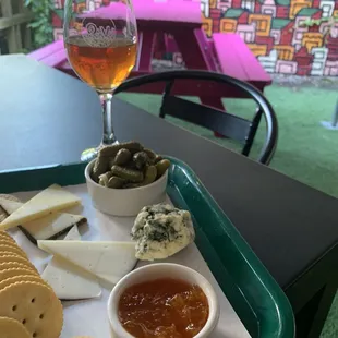 Orange wine and cheese board