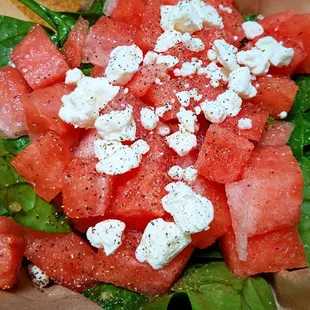 Watermelon, Feta, Spinach salad.