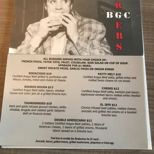 Menu of Burgers