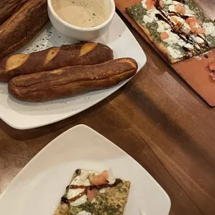 Pretzel and Margherita flat bread. Flat bread had a fishy angel and taste. Yuk.