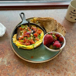 Spinach &amp; Portobello Mushroom skillet with wheat toast, potatoes and fresh fruit cup
