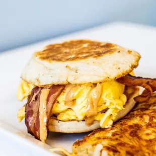 a breakfast sandwich on a plate