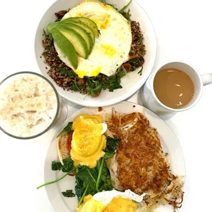 Protein bowl, Florentine Benedict, Over Easy Iced and coffee