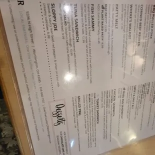 Sandwich menu