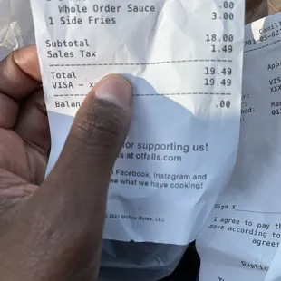 Receipt of the food