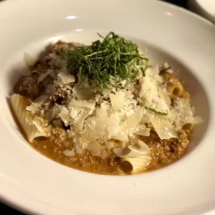 Braised short rib ragu, with red wine, carrot, tomato, celery, garlic and onion, finished with cream over rigatoni.