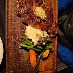 Steak, potatoes and fresh vegetables. Steak didn&apos;t need a knife. So tender.